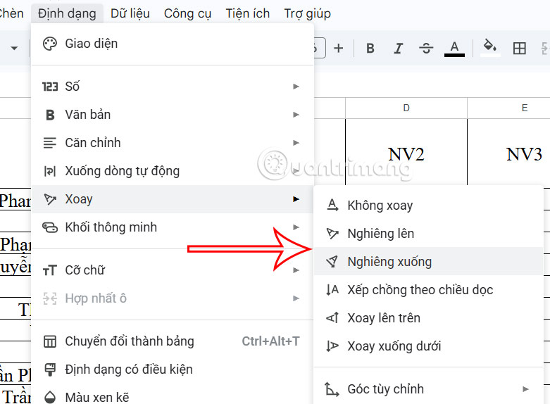 Chỉnh độ nghiêng cho nội dung Google Sheets
