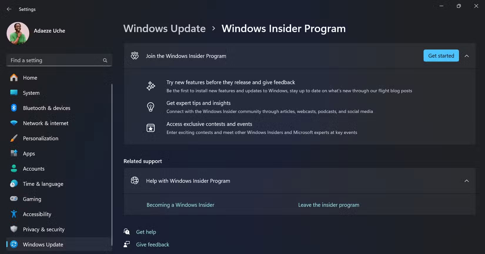 Trang Windows Insider Program được hiển thị trong ứng dụng Settings trên PC chạy Windows 11