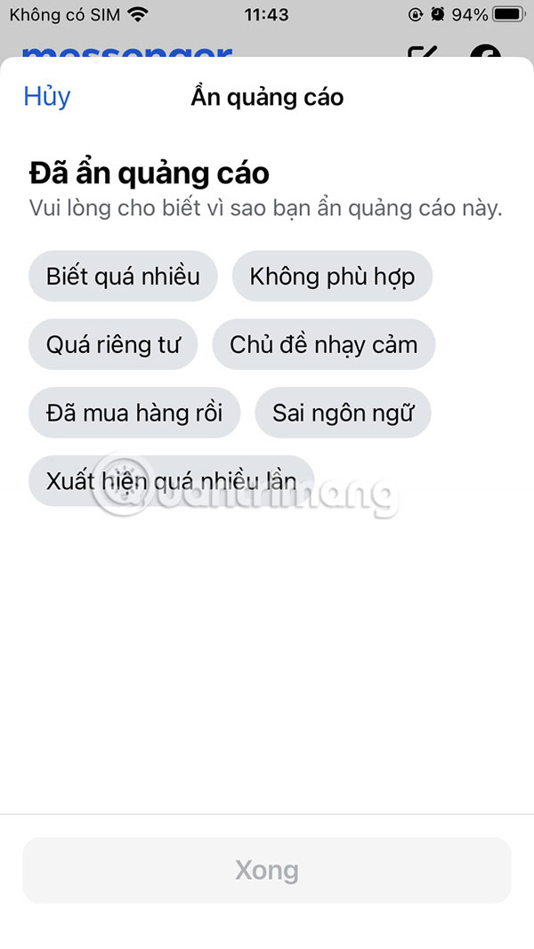 Chọn lý do ẩn quảng cáo Messenger