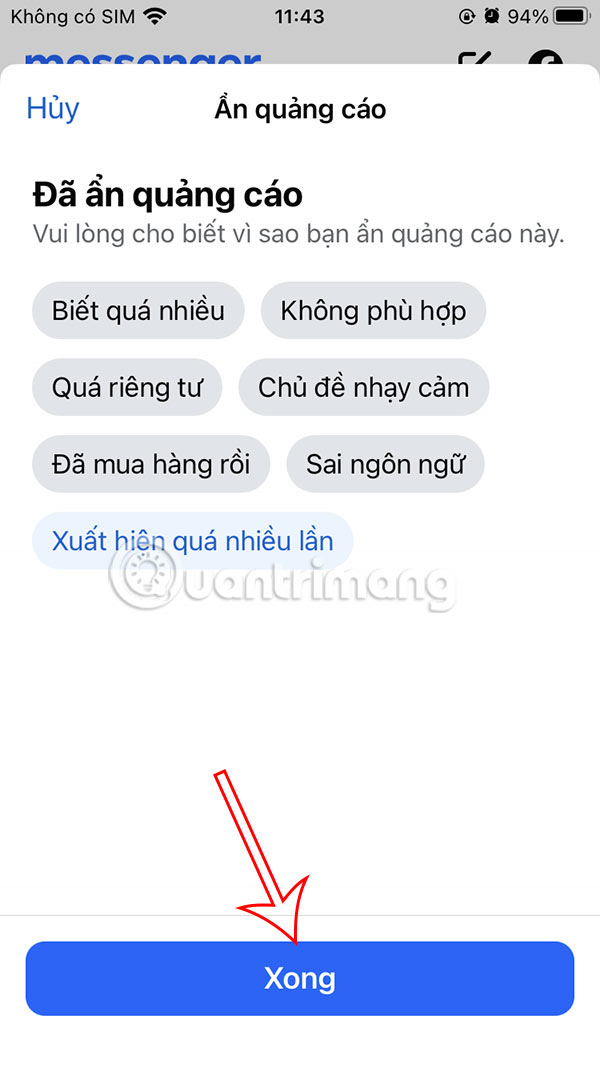 Chọn lý do ẩn quảng cáo Messnger