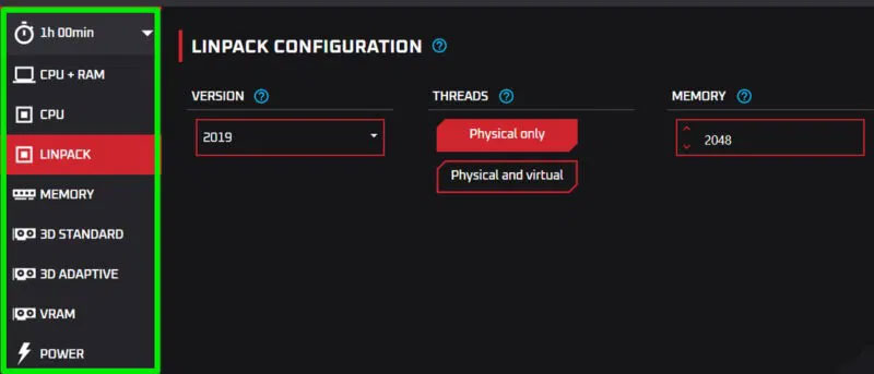 Danh sách các công cụ trong OCCT với Linpack được chọn