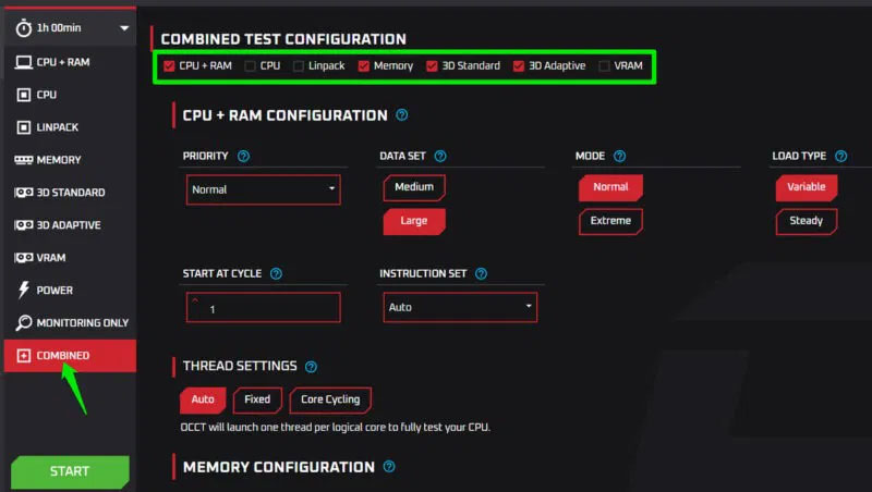 Tất cả các cài đặt kiểm tra OCCT trong Combined Test