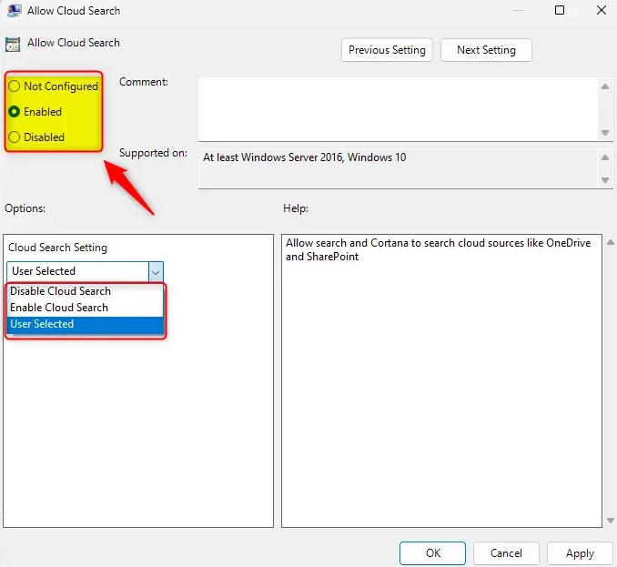 Bật tìm kiếm lưu trữ đám mây Windows qua Policy Editor