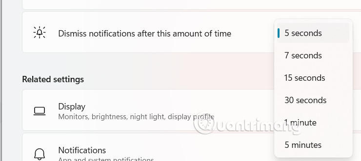 Chỉnh thời gian hiện thông báo Windows 11 qua Settings