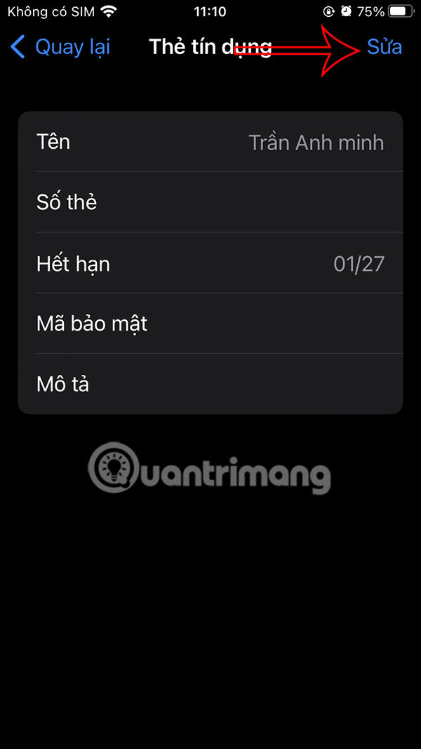 Sửa thông tin thẻ tín dụng iPhone