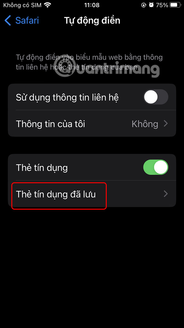 Thêm thẻ tín dụng đã lưu