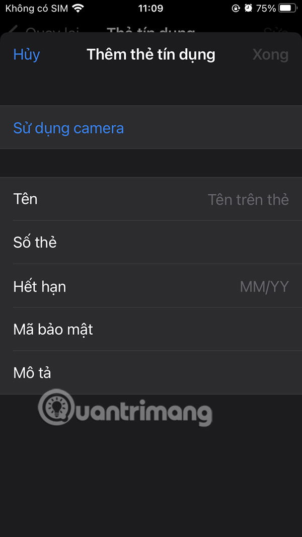 Giao diện điền thẻ tín dụng