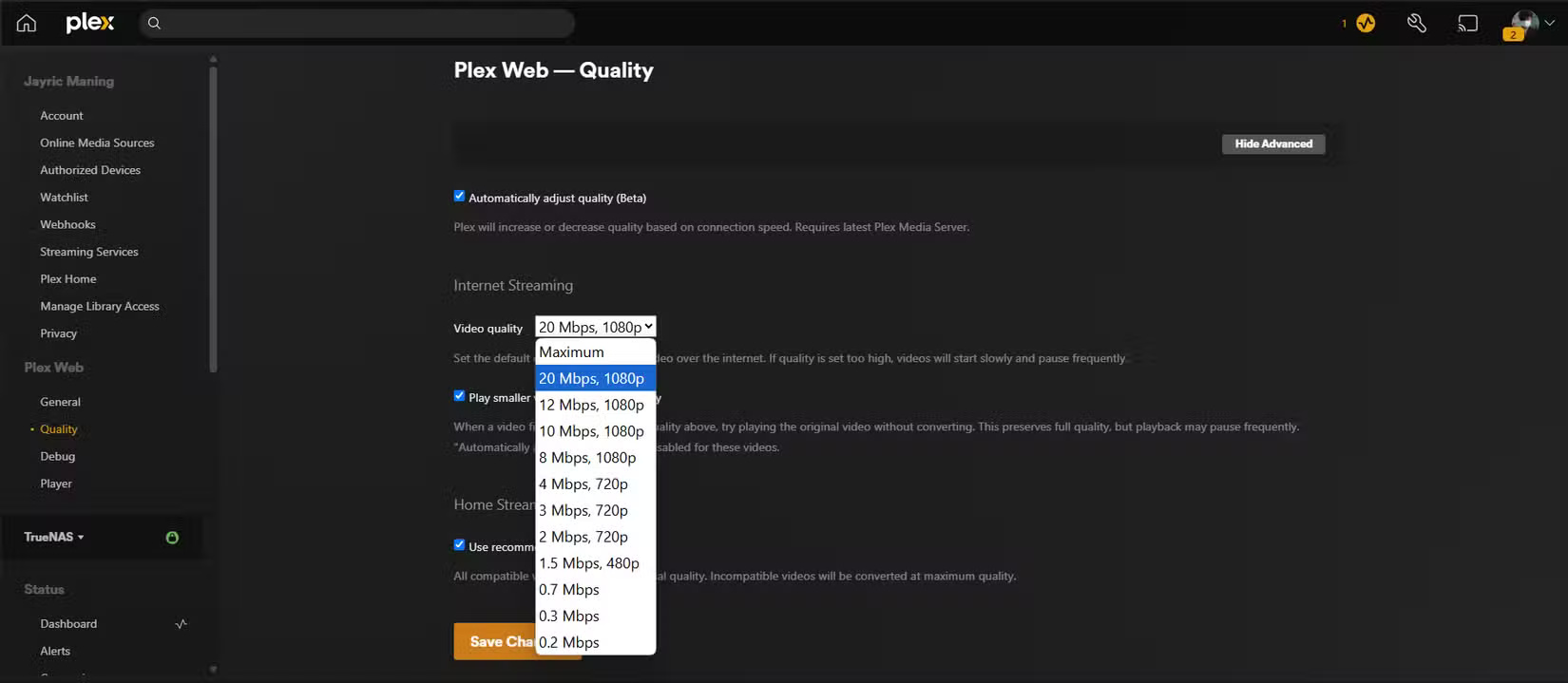 Điều chỉnh chất lượng stream trên Plex media server