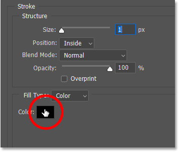 Nhấp vào mẫu màu trong hộp thoại Layer Style của Photoshop.