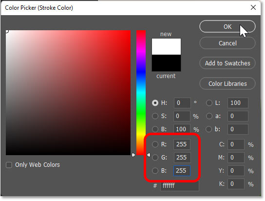 Chọn màu trắng cho nét vẽ từ Color Picker.