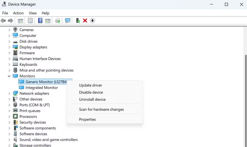 Device Manager hiển thị tùy chọn cập nhật driver màn hình