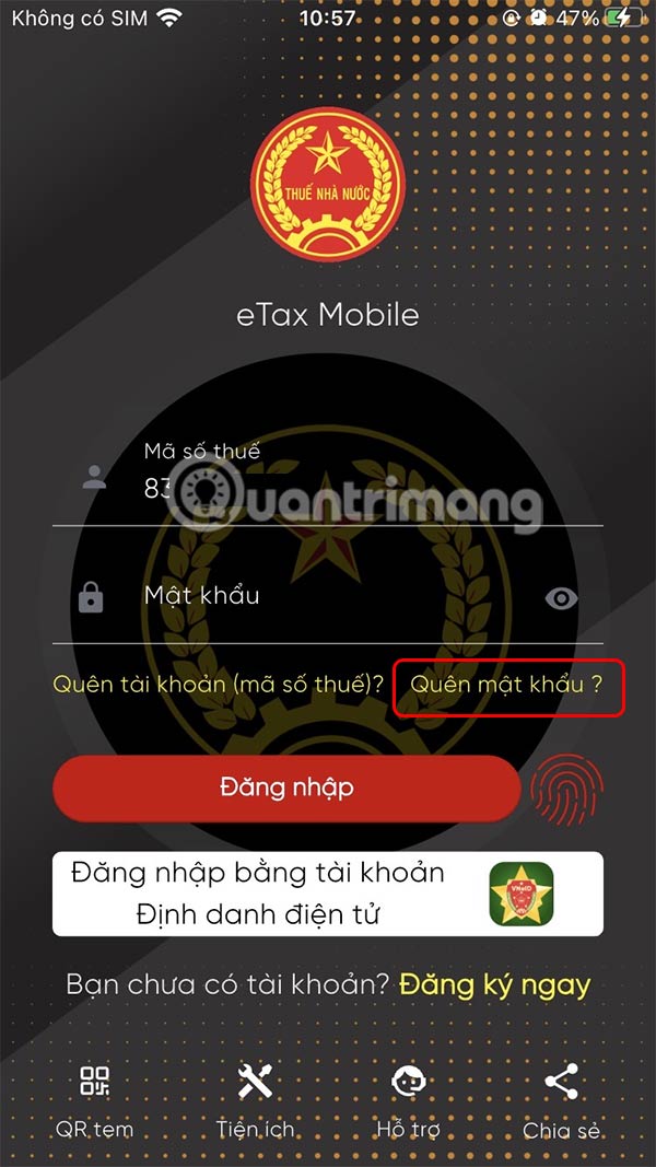 Quên mật khẩu eTax Mobile