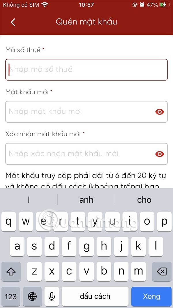 Điền mật khẩu mới eTax Mobile