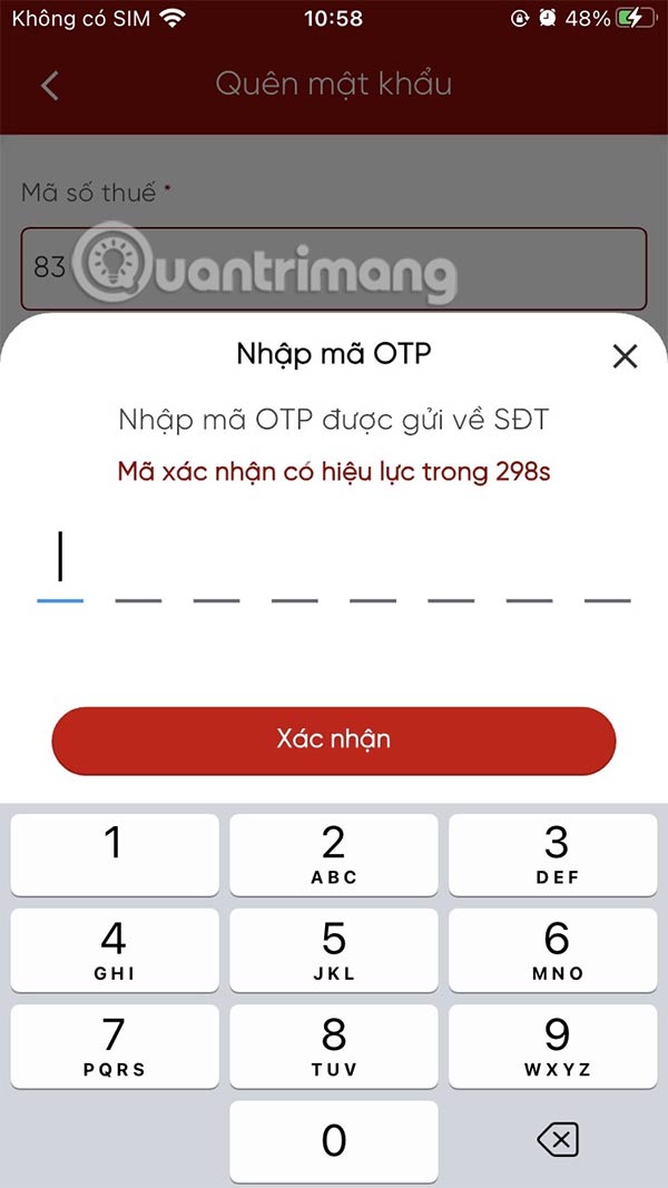 Nhập mã OTP vào eTax Mobile