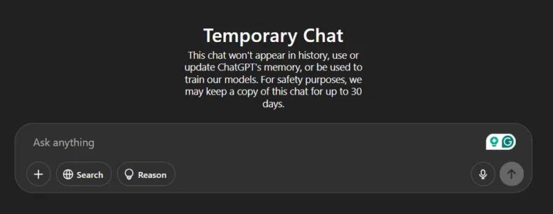 Giao diện chính của ChatGPT Temporary Chat
