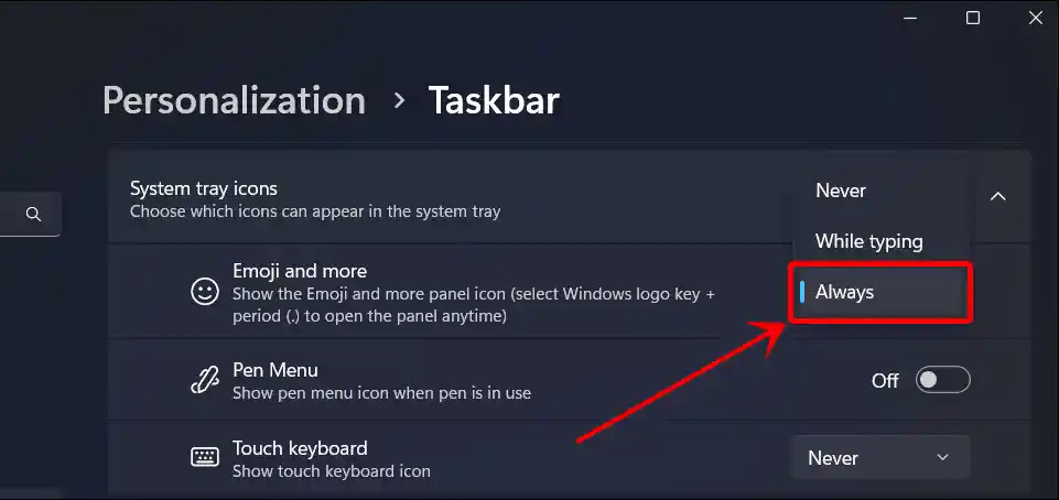 Hiện emoji thanh Taskbar Windows 11