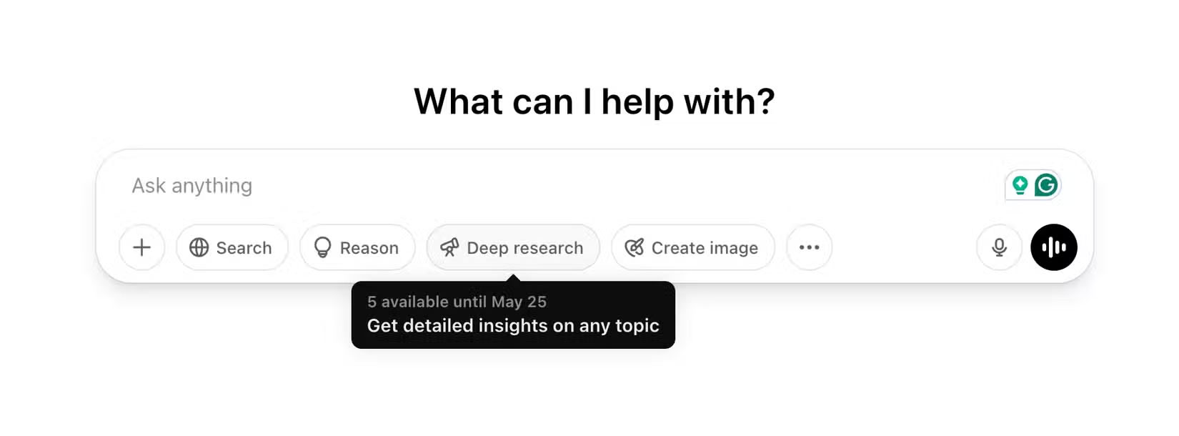 Giới hạn và nút Deep Research xuất hiện trên tài khoản ChatGPT miễn phí.
