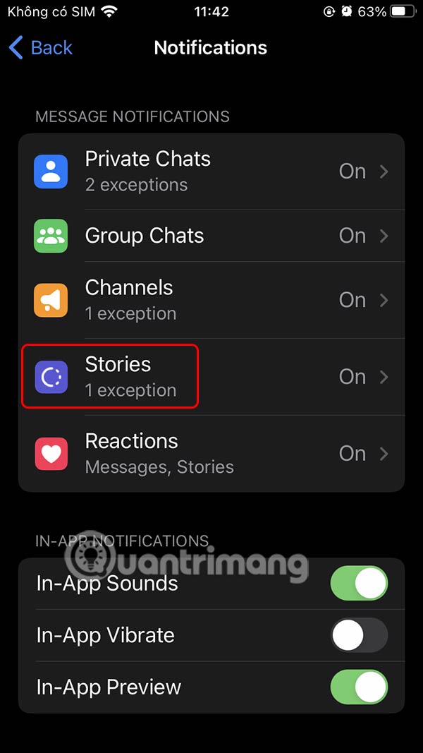 Chỉnh thông báo Telegram Stories