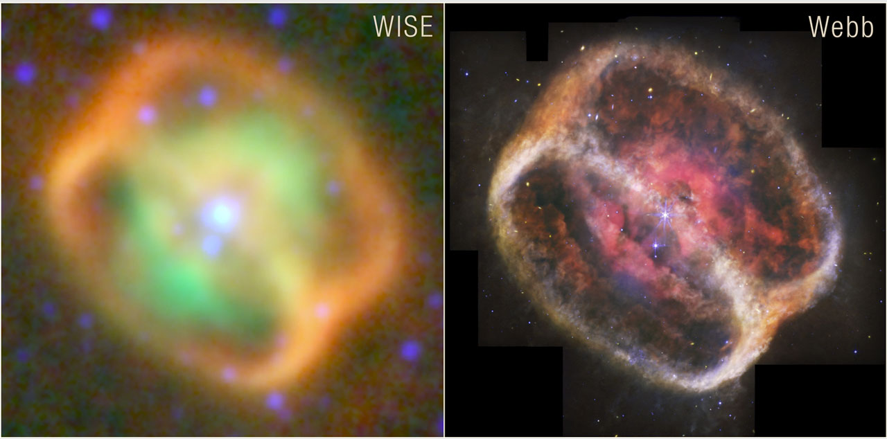 Hai góc nhìn hồng ngoại của NGC 1514. Bên trái là hình ảnh quan sát từ Wide-field Infrared Survey Explorer (WISE) của NASA. Bên phải là hình ảnh tinh tế hơn từ Kính viễn vọng không gian James Webb của NASA.