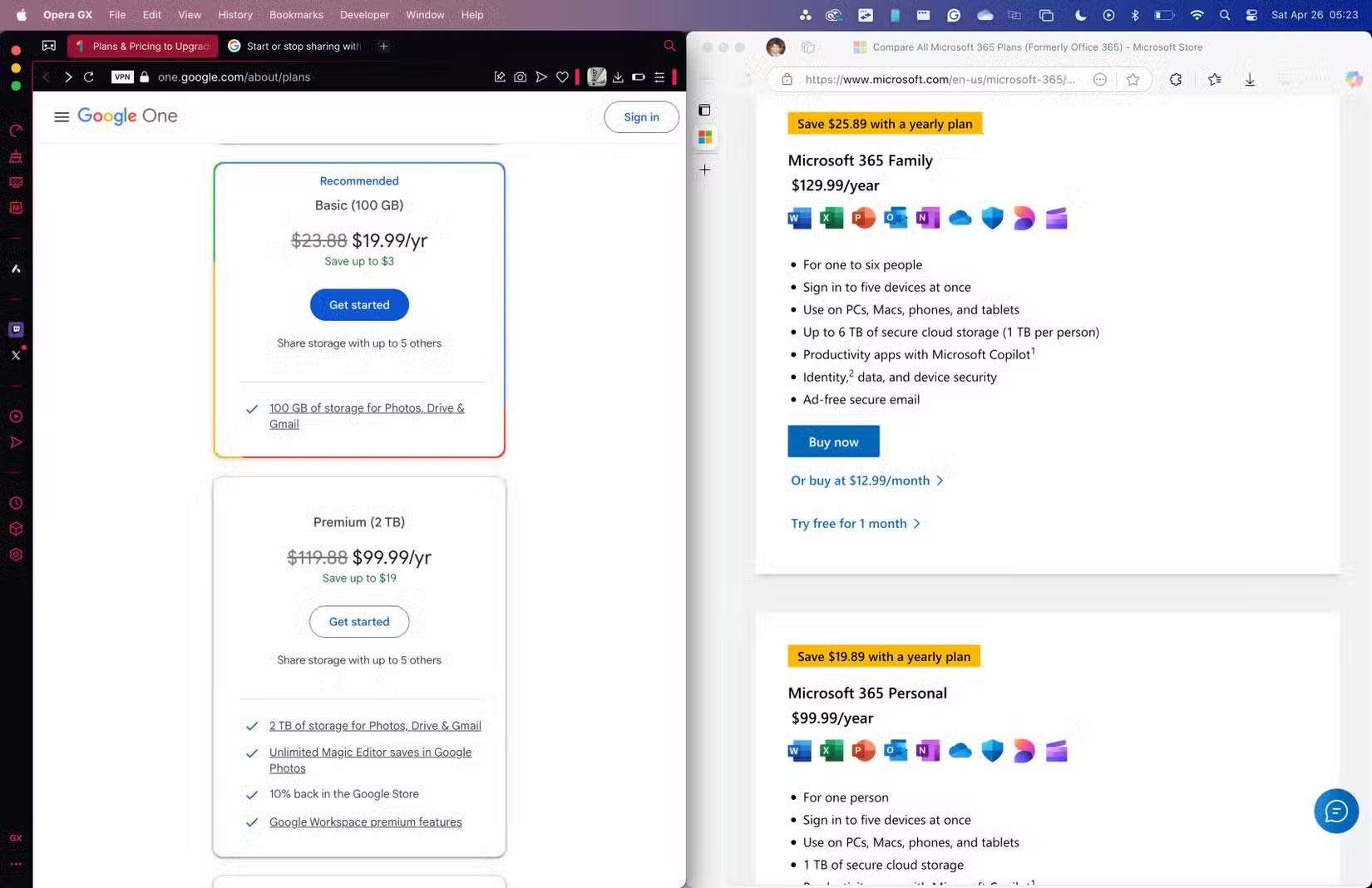 So sánh đăng ký Google One và Microsoft 365