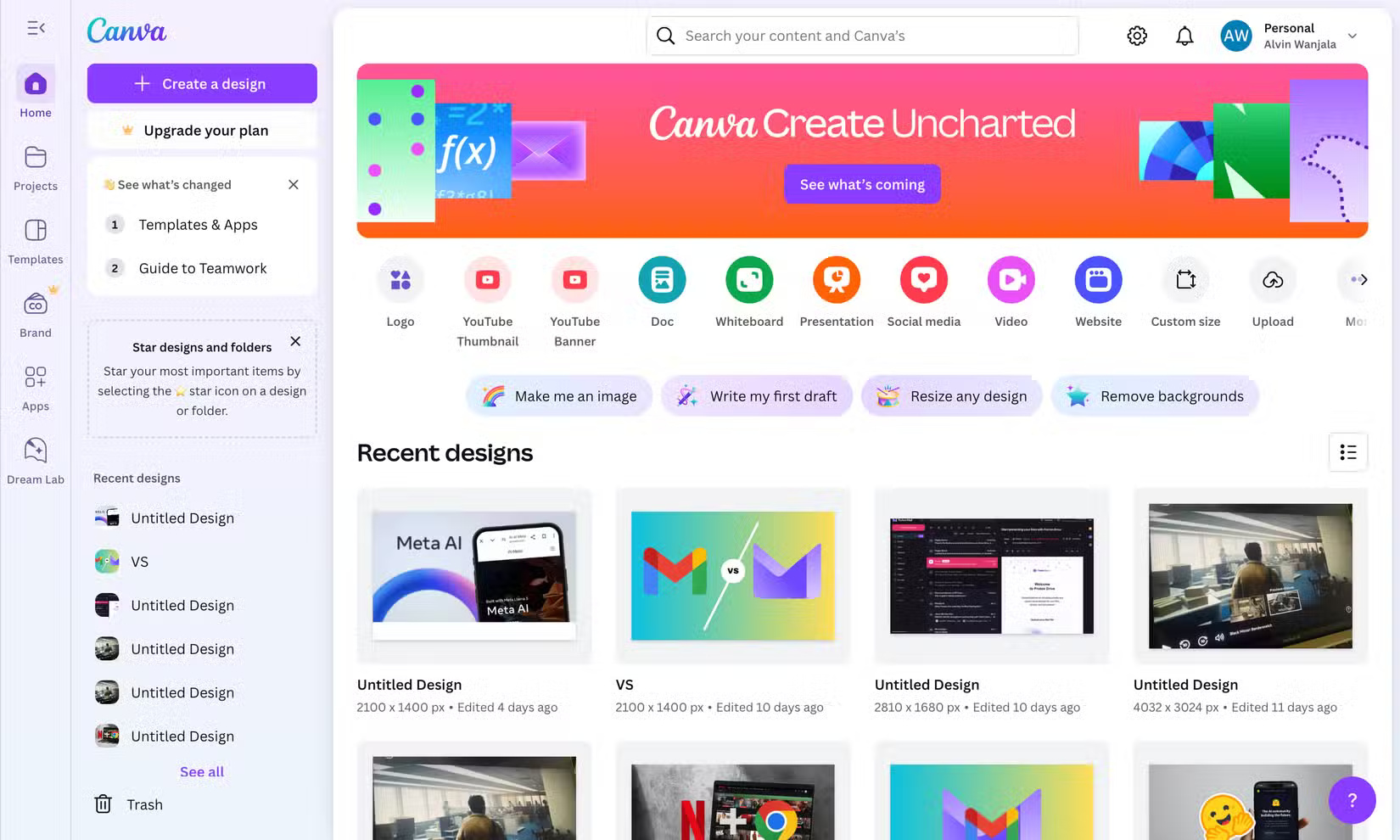 Trang chủ Canva khi đã đăng nhập