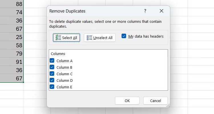 Hộp thoại Remove Duplicates trong Excel.