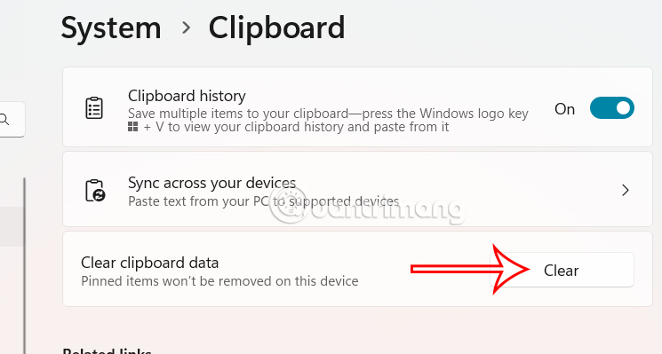 Xóa lịch sử clipboard Settings Windows 11