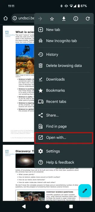 Nhấn vào nút Open with trong trang PDF trong Chrome dành cho Android.