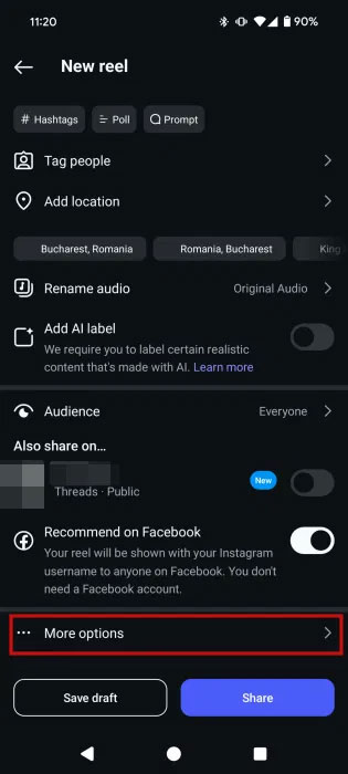 Nhấn vào More options trong màn hình đăng Instagram Reel