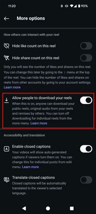 Xem tùy chọn Allow people to download your reels trong màn hình đăng Instagram Reel.