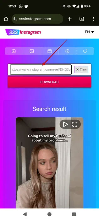 Thêm liên kết Instagram cho Reel trong công cụ trực tuyến SSSInstagram.