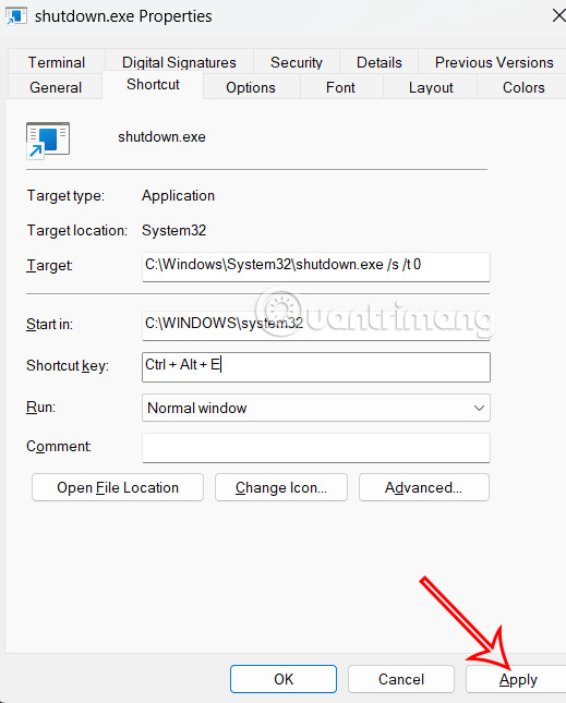 Nhập phím tắt cho phím tắt tắt Windows 11