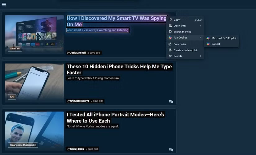 Các tùy chọn Ask Copilot trong Click to Do