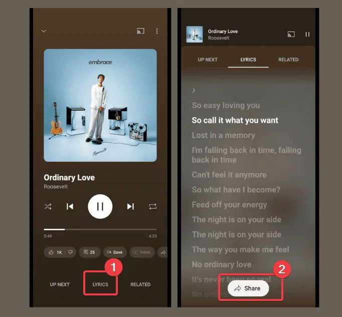 Nhấp vào Share để chia sẻ lời bài hát trên YouTube Music