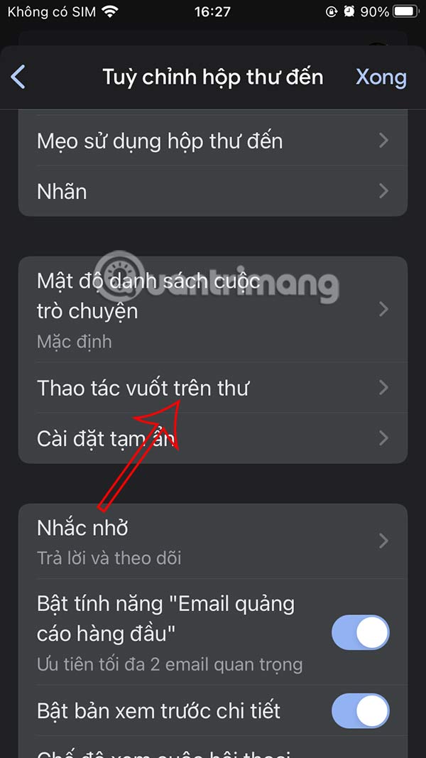 Thao tác vuốt trên thư