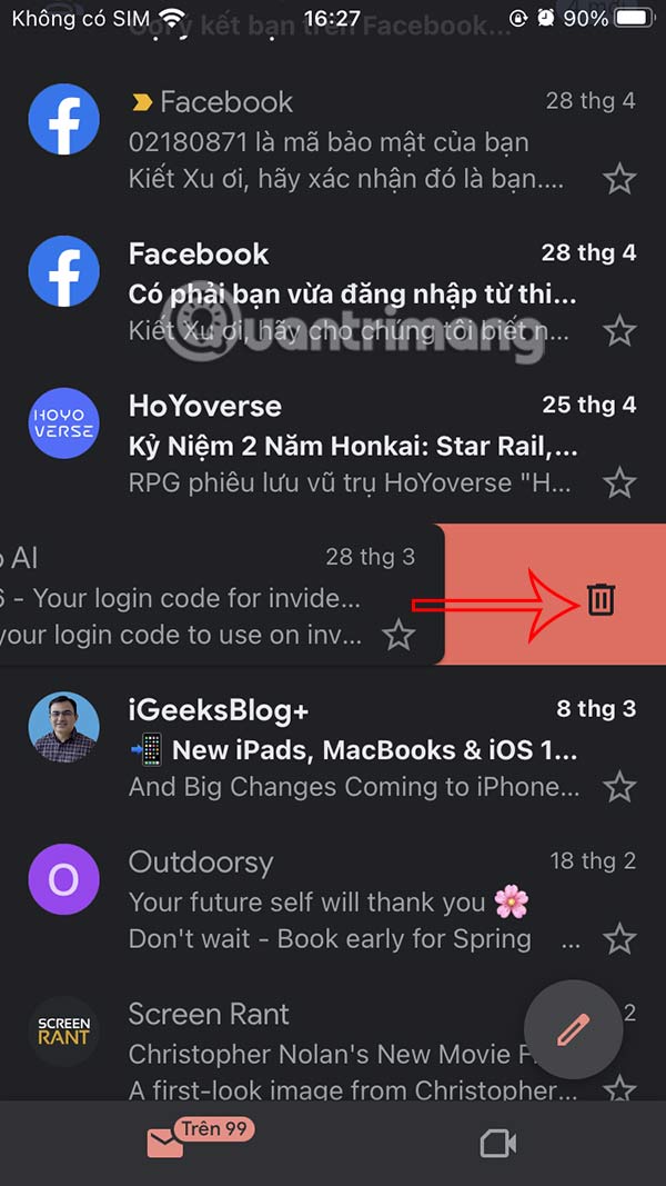 Vuốt để xóa Gmail iPhone