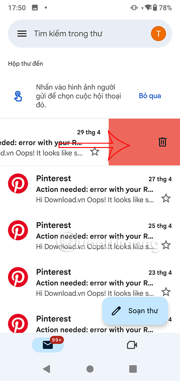 Vuốt xóa email trên Gmail Android