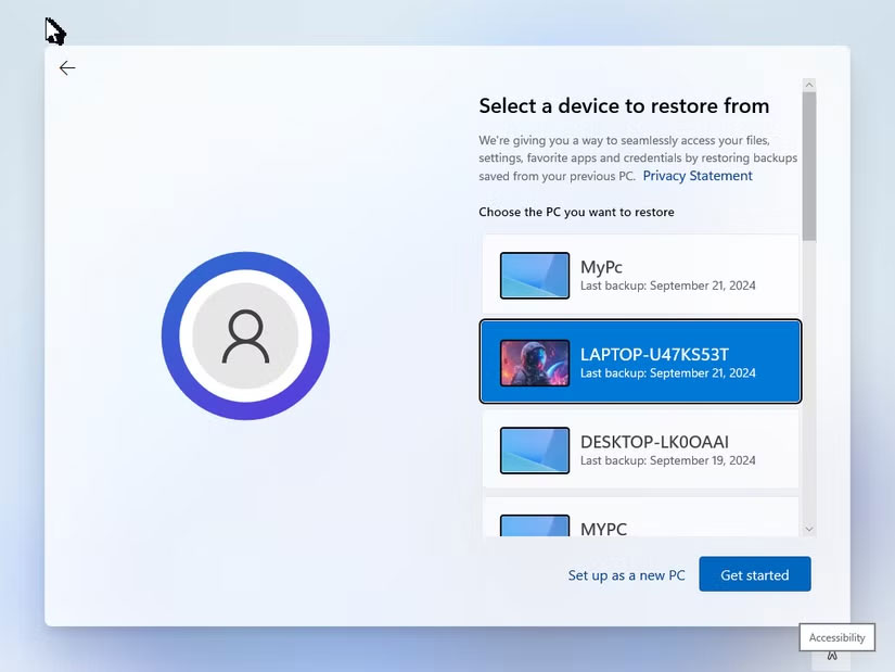 Tùy chọn khôi phục sao lưu Windows trong quá trình thiết lập Windows 11