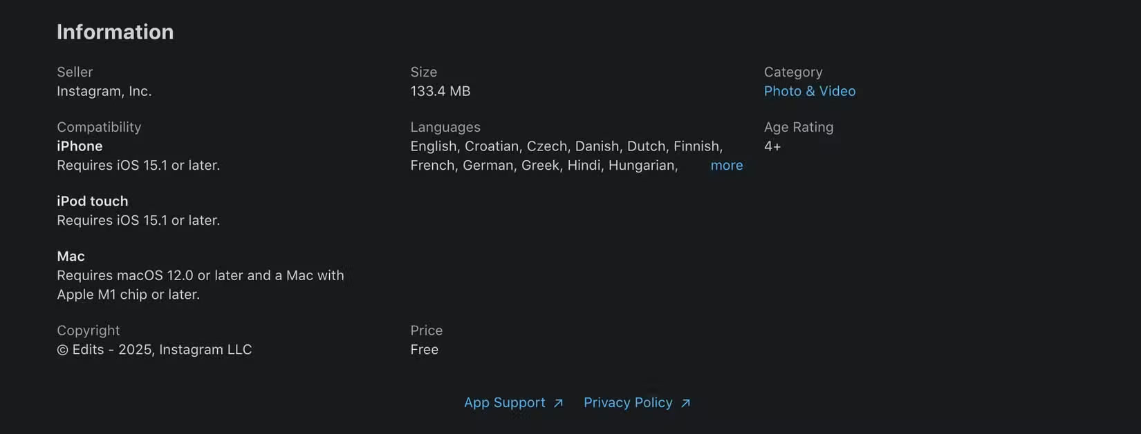 Mô tả về ứng dụng Edits trên App Store