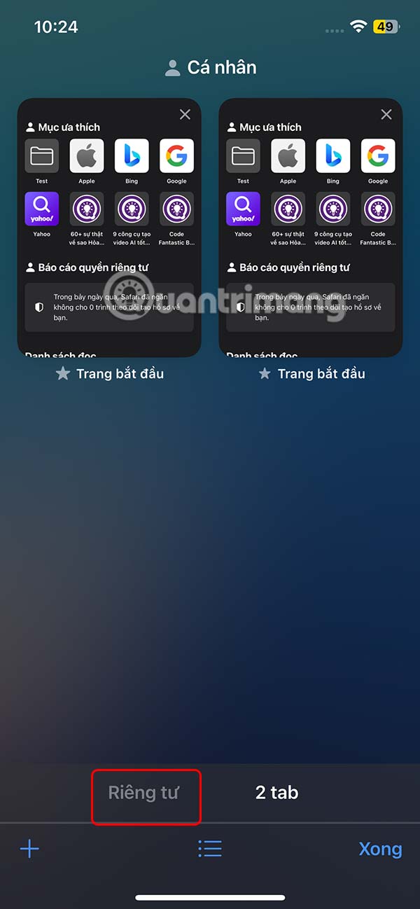 Giao diện Safari ẩn danh 
