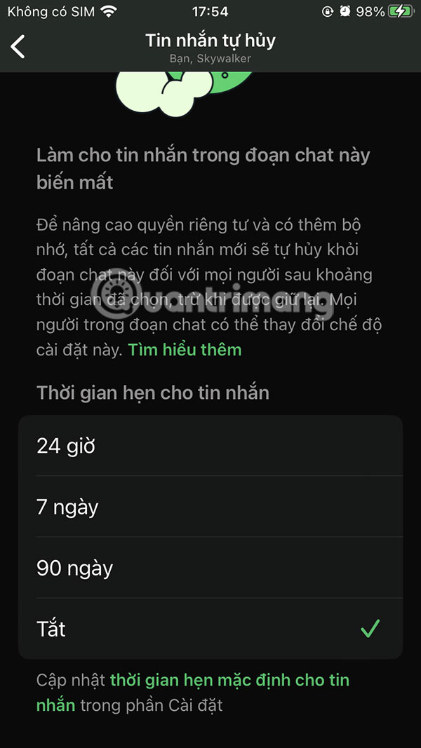 Thời gian hủy tin nhắn WhatApps
