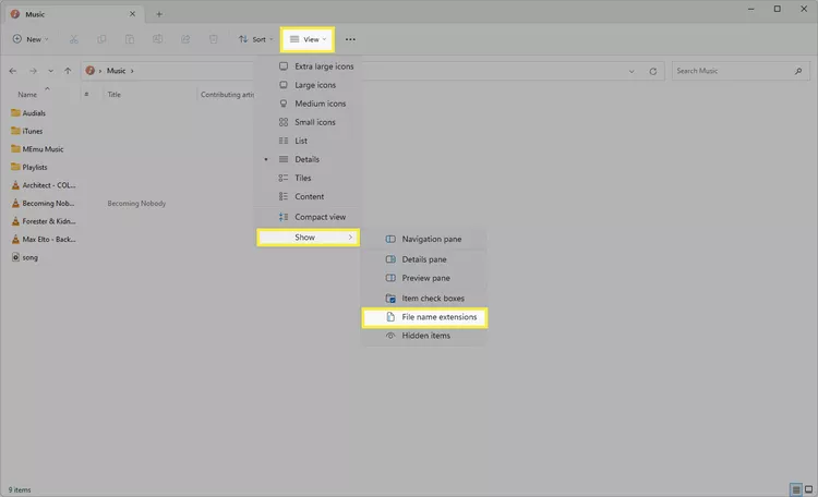 Vào View > Show > File Name Extensions trong File Explorer