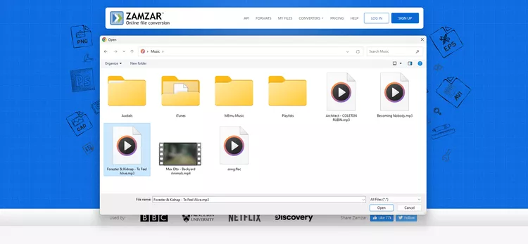 Chọn file MP3 cần chuyển đổi trên trang web Zamzar