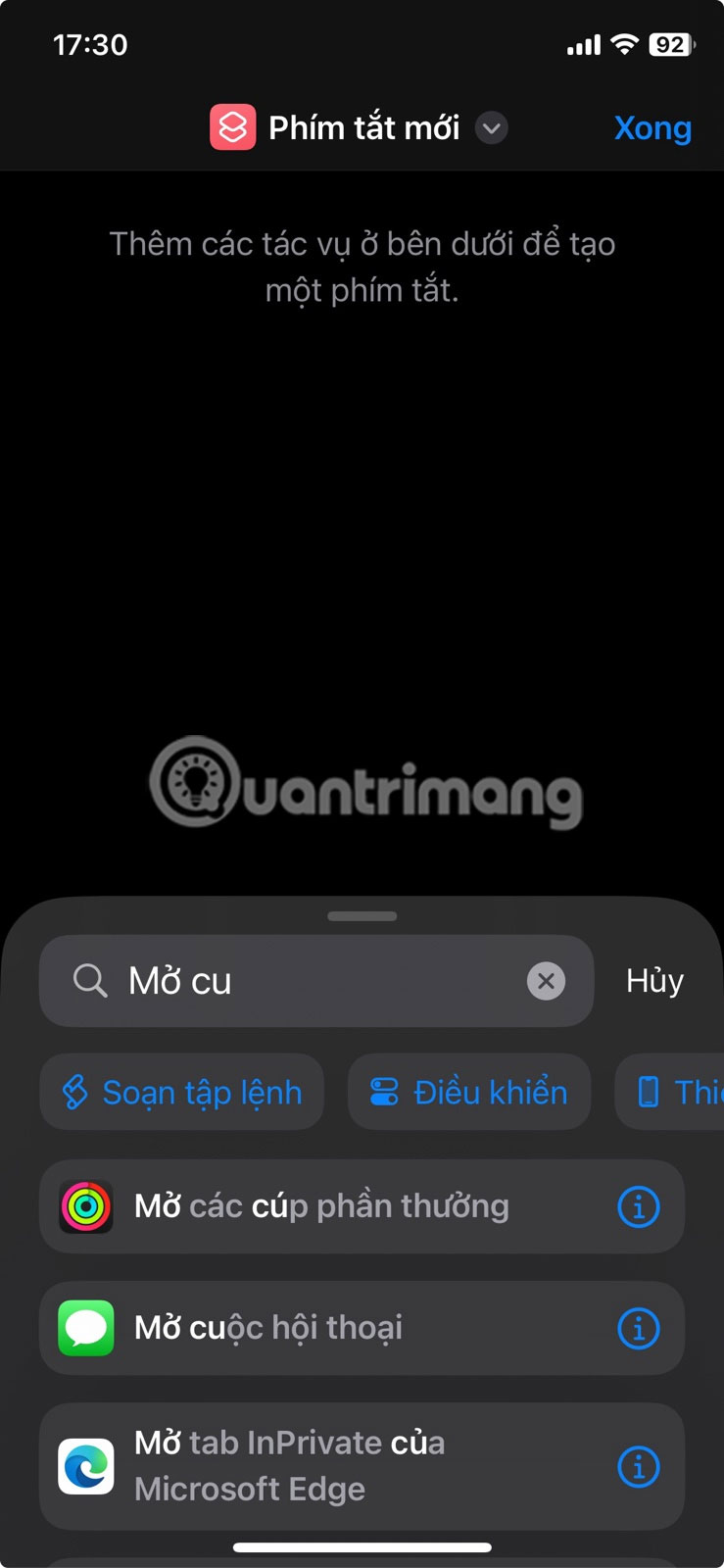 Tìm kiếm "Mở cuộc hội thoại" trong màn hình shortcut mới trên iPhone.