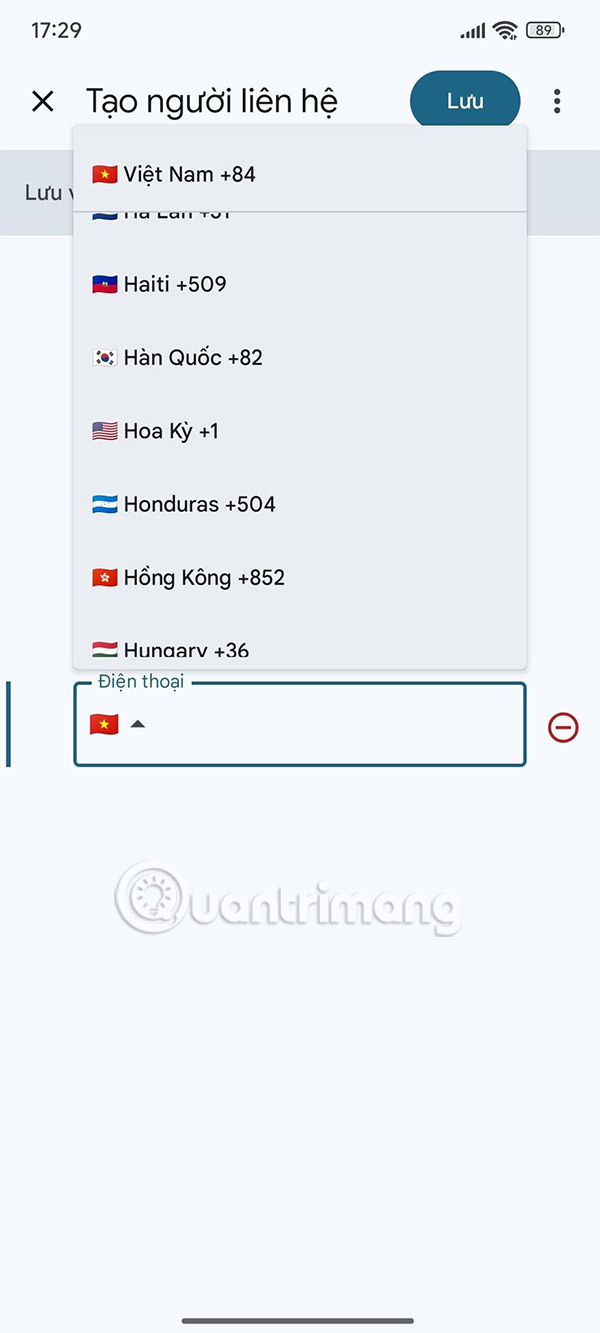 Chọn mã vùng