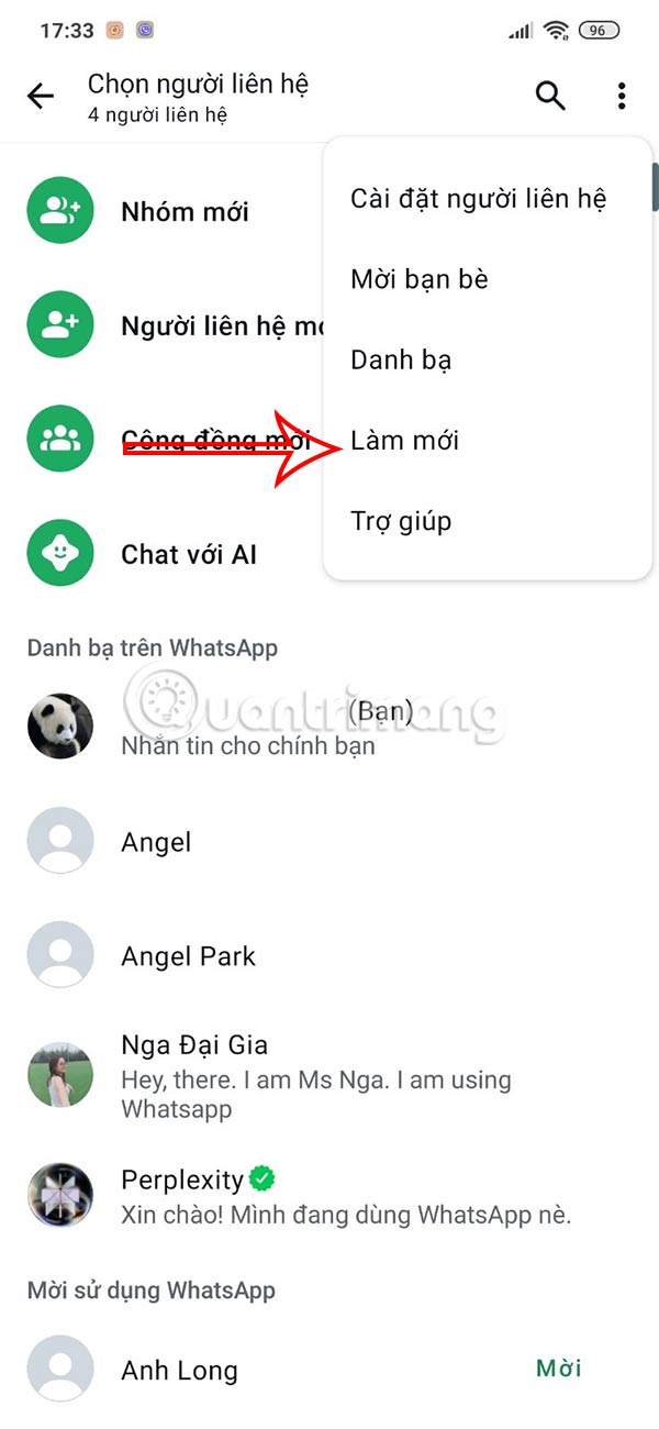 Làm mới danh bạ WhatsApp