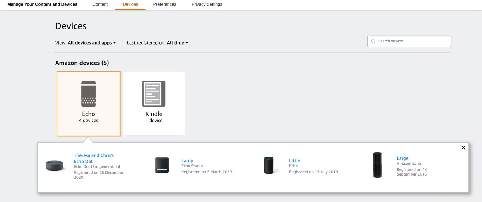 Trang quản lý thiết bị Echo trên Amazon