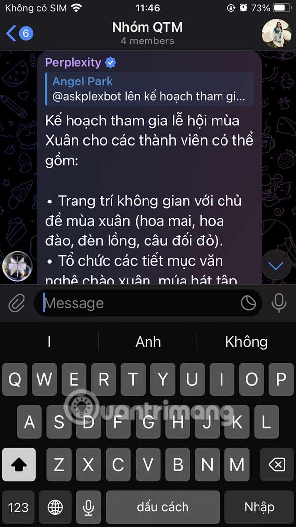 Nội dung phản hồi Perplexity Telegram