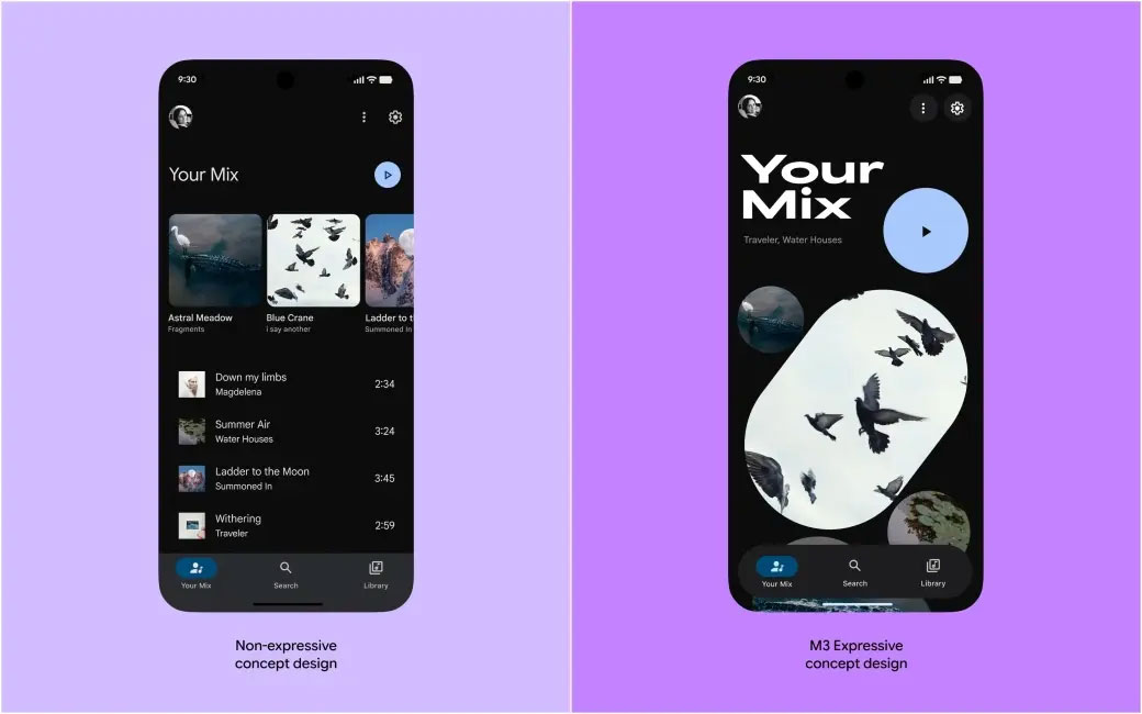 Sự khác biệt giữa thiết kế Material expressive mới và cũ trong YouTube Music