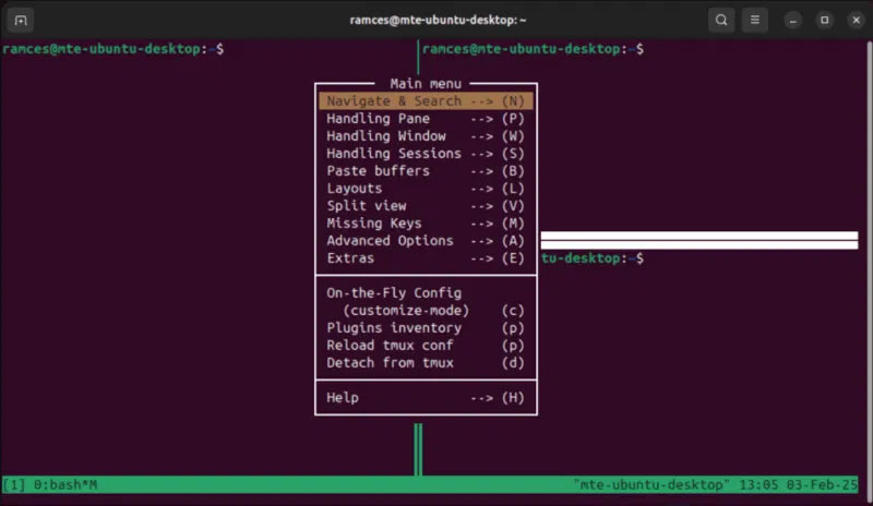 Plugin tmux-menus đang hoạt động.